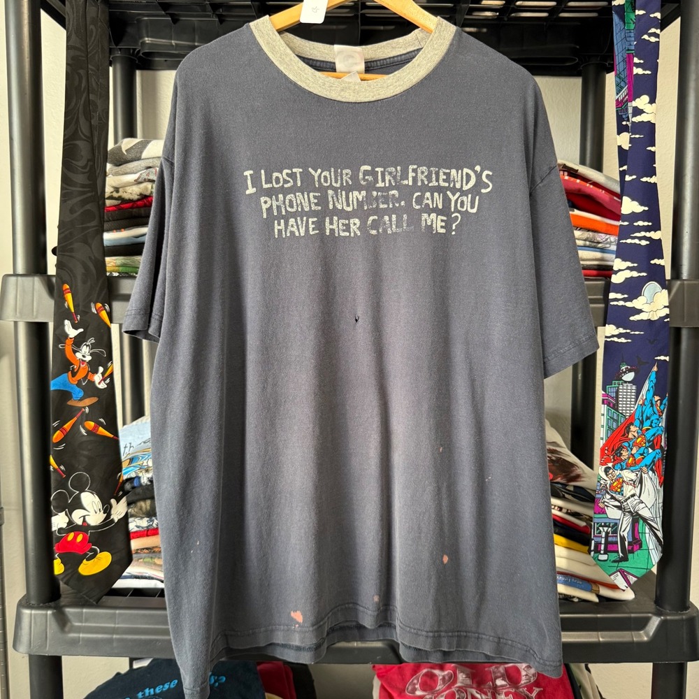 Y2K Navy I Lost Your Girlfriends Phone Number Ringer T-Shirt XXL Light Marks